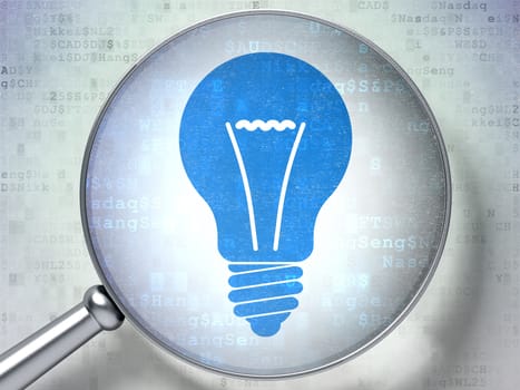 Magnifying optical glass with Light Bulb icon on digital background, 3d render