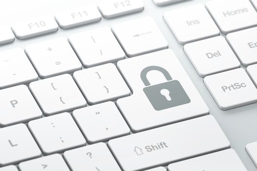 Safety concept: enter button with Closed Padlock on computer keyboard background, 3d render, selected focus