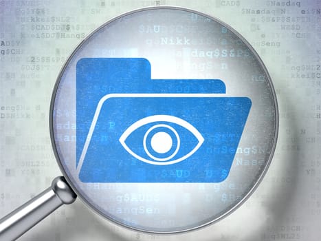 Magnifying optical glass with Folder With Eye icon on digital background, 3d render