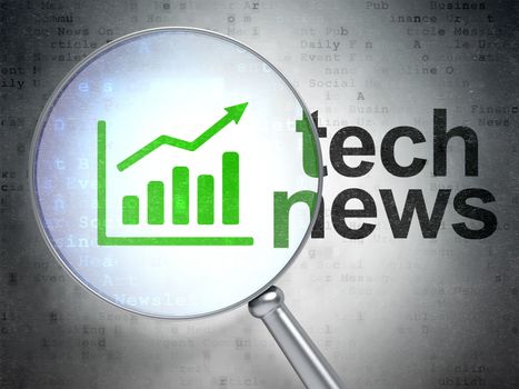 Magnifying optical glass with Growth Graph icon and Tech News word on digital background, 3d render