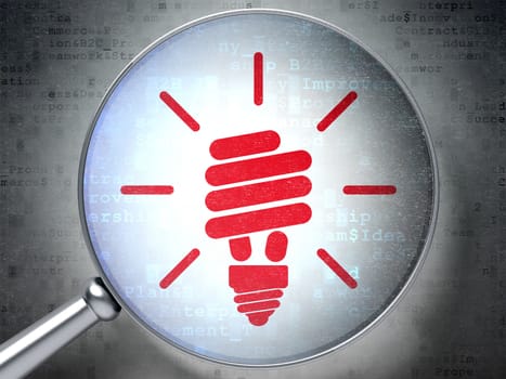 Magnifying optical glass with Energy Saving Lamp icon on digital background, 3d render