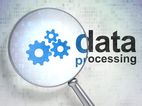 Magnifying optical glass with Gears icon and Data Processing word on digital background, 3d render