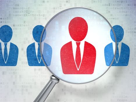Magnifying optical glass with Business Man icons on digital background, 3d render
