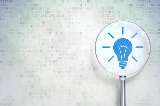 Magnifying optical glass with Light Bulb icon on digital background, empty copyspace for card, text, advertising, 3d render