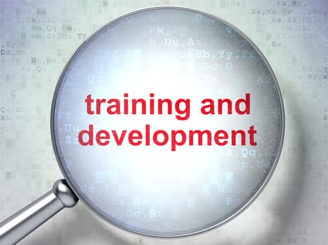 Magnifying optical glass with words Training and Development on digital background, 3d render