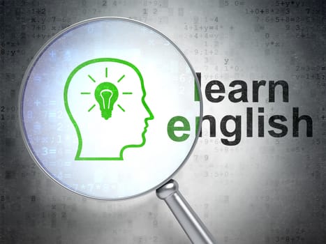 Magnifying optical glass with Head With Lightbulb icon and Learn English word on digital background, 3d render