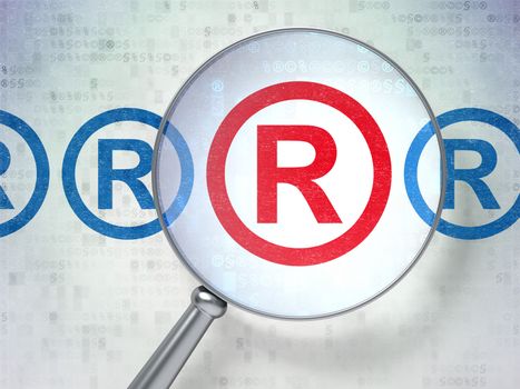 Magnifying optical glass with Registered icons on digital background, 3d render