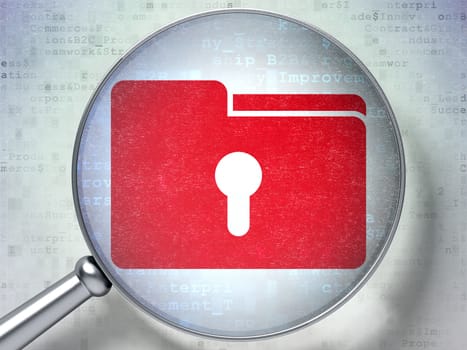 Magnifying optical glass with Folder With Keyhole icon on digital background, 3d render