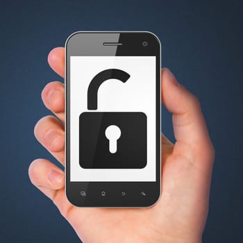 Data concept: hand holding smartphone with Opened Padlock on display. Generic mobile smart phone in hand on Dark Blue background.