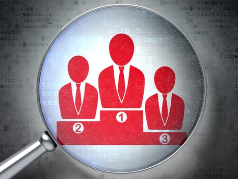 Magnifying optical glass with Business Team icon on digital background, 3d render