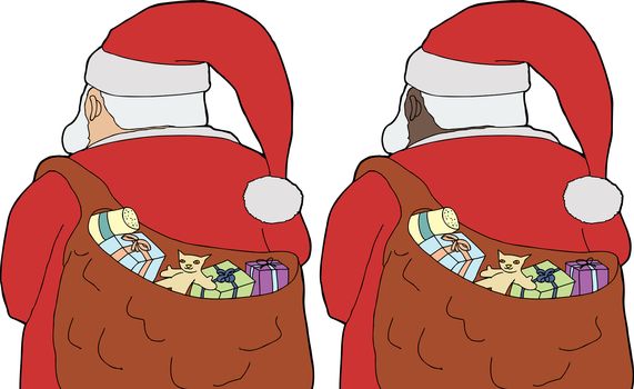 Rear view of Santa Claus with light and dark skin versions