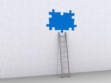 3d ladder leaning on wall made of puzzle pieces with some pieces missing