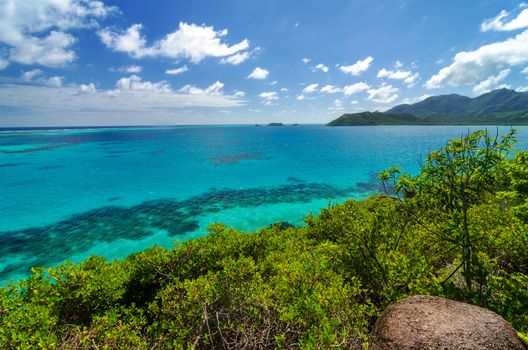 Landscape view of turquoise Caribbean Sea and lush green tropical island of San Andres y Providencia, Colombia