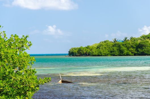 Sunken canoe off the coast of San Andres y Providencia, Colombia in the Caribbean Sea