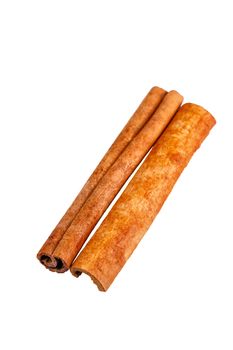 Two cinnamon sticks isolated on white background, shot in studio