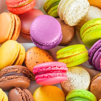 traditional french colorful macarons in a rows in a box