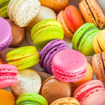 traditional french colorful macarons in a rows in a box