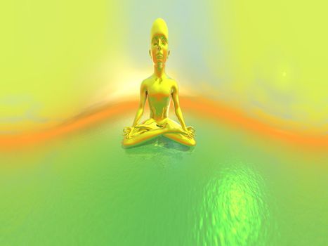 Gold man meditating upon the ocean by green and yellow day