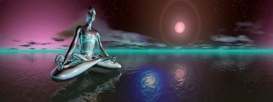 Violet man meditating upon the ocean in deep night with full moon, 360 degrees effect