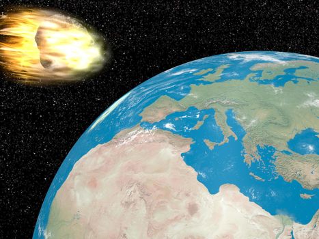 Big grey meteorite in fire going to earth into universe full of stars
