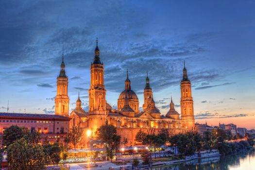 Basilica Del Pilar in Zaragoza in night illumination, Spain