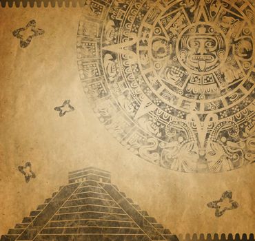Background in American Indian Style with Mayan calendar and pyramid on old paper