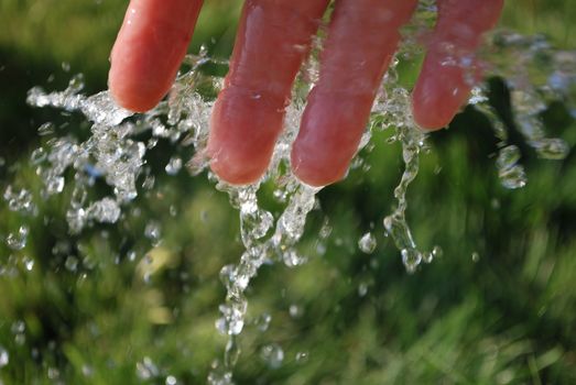 Cold water and hand on green background. 