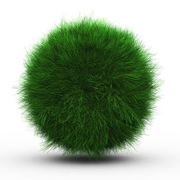3d render of green grass ball on white background.