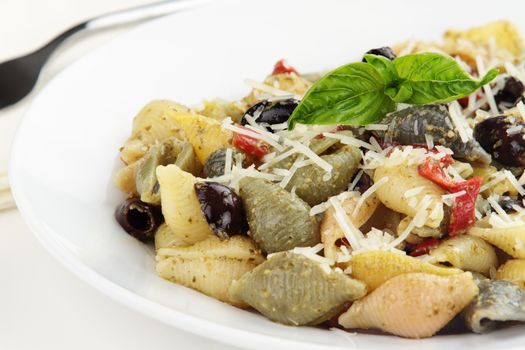 Conchiglie pasta prepared with pesto, kalamata olives and parmesan cheese.