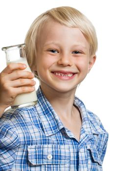 Happy cute boy with a bottle of milk. Isolated on white.