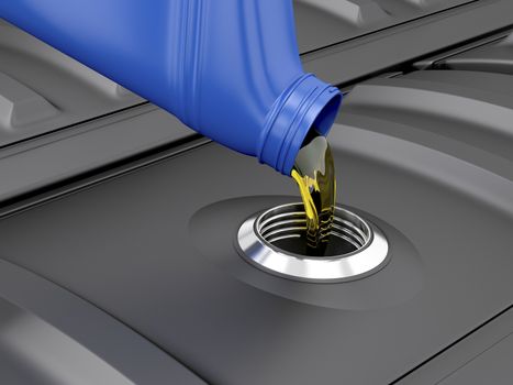 Pouring oil from plastic bottle in the engine