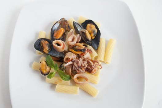 italian Pasta maccheroni with seafood, mussles and squid