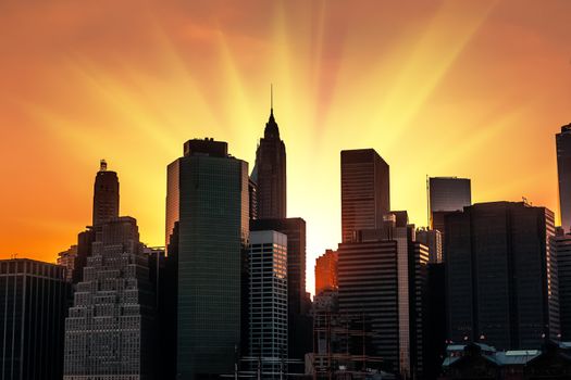 Silhouettes of Manhattan. Sunset in New York City. 
