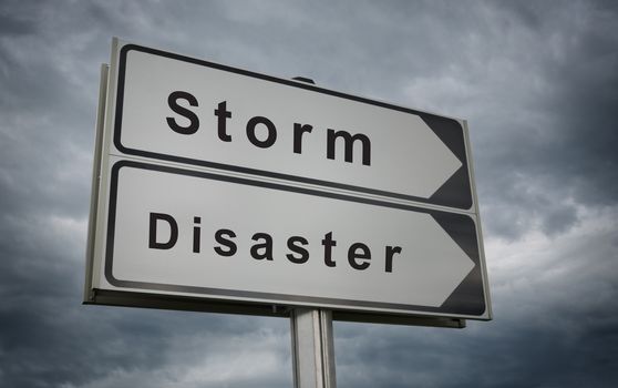 Storm Disaster road sign. Concept of the threat of destruction as a consequence of Hurricane.
