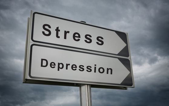 Stress Depression. Concept road sign on background of dark clouds.