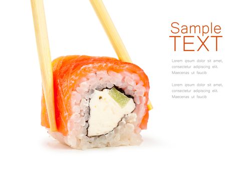 Close up view of sushi and chopsticks isolated over white background