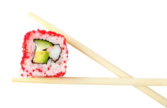 Sushi on a chopsticks isolated over white background