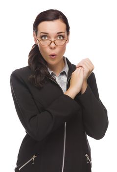 Funny Faced Mixed Race Businesswoman Holding Her Hands to the Side Isolated on a White Background.