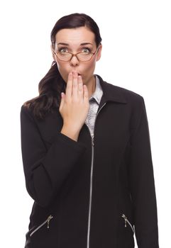 Surprised Mixed Race Businesswoman Puts Hand Over Her Lips Isolated on White Background.
