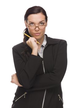 Confident Mixed Race Businesswoman Holding a Pencil Isolated on a White Background.
