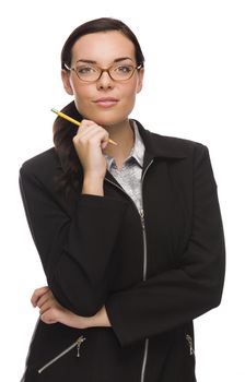 Confident Mixed Race Businesswoman Holding a Pencil Isolated on a White Background.
