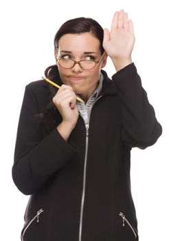 Timid Mixed Race Businesswoman With Pencil Raises Her Hand to Ask a Question Isolated on a White Background.
