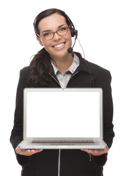 Confident Mixed Race Businesswoman Wearing Headset Holds Computer With Blank Screen Isolated on a White Background ��� Contains Clipping Path For Screen.
