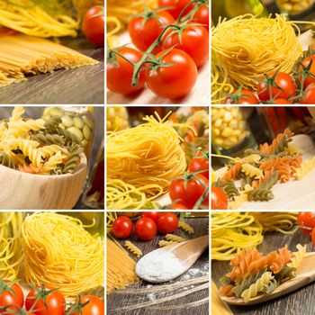 pasta and cherry tomatoes, collage from several images