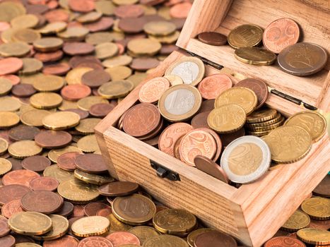 A treasure chest with a bunch of Euro coins and cents