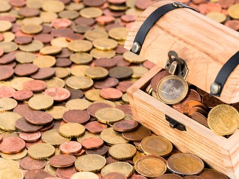 A treasure chest with a bunch of Euro coins and cents