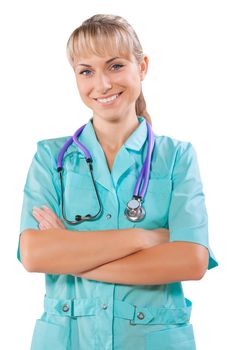 a female doctor smiling arms crossed isolated