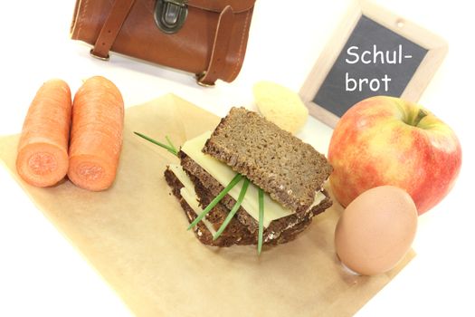 sandwich eaten during recess with egg, carrots and apple on a bright background