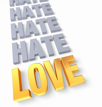 A bright, gold "LOVE" ends a row of plain gray "HATE". Isolated on white.