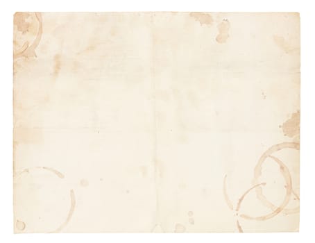 Aged and worn paper with creases, coffee ring stains and smudges. Includes clipping path.